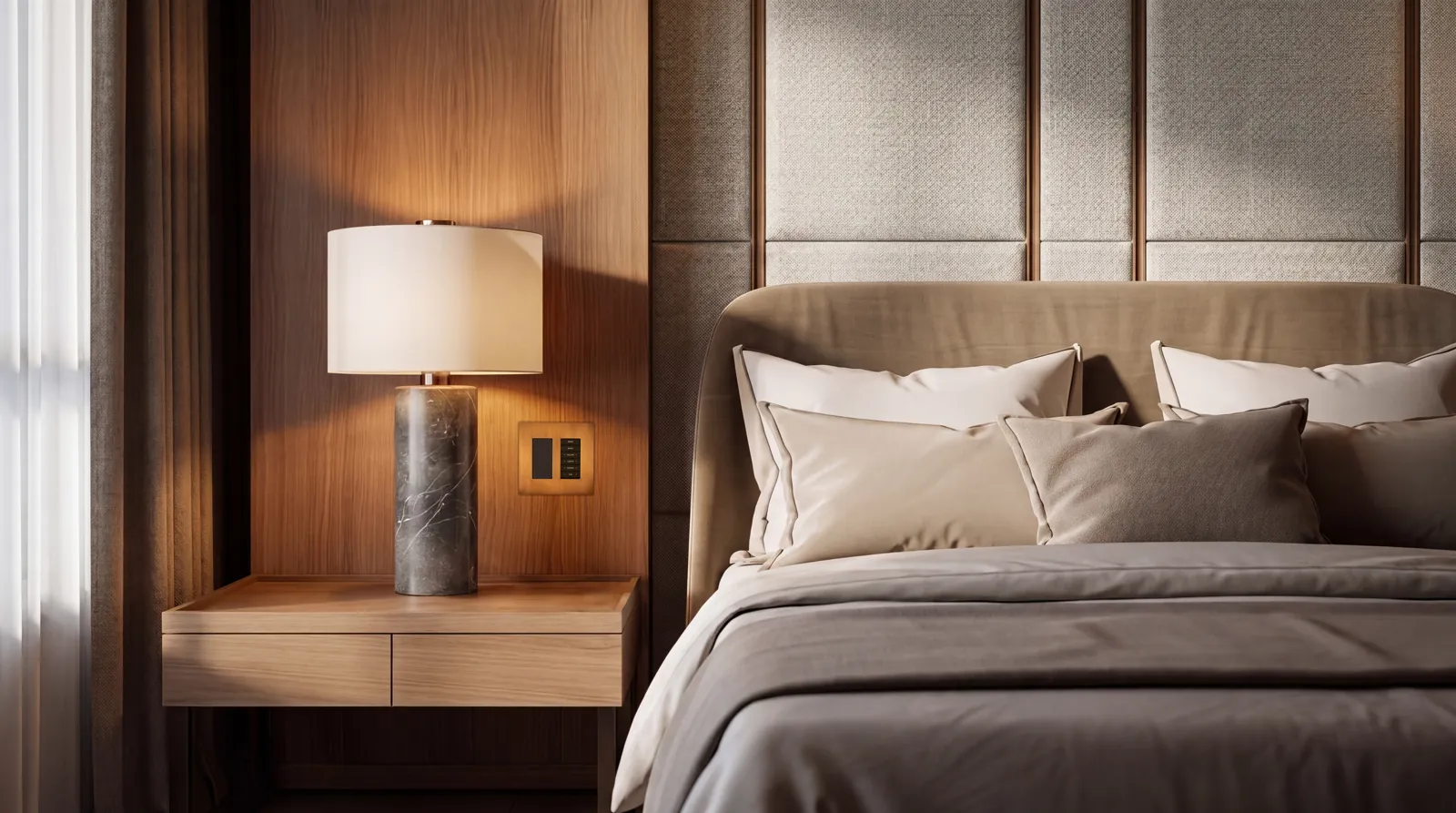Magna Audio Pad faceplate speaker beside a bed in a bedroom installation