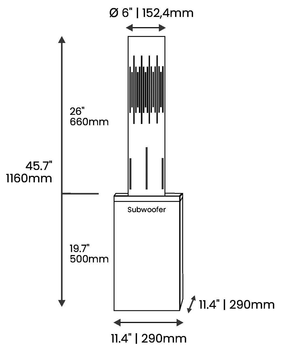 Official Magna Polly 360 dimension drawing showing the tower and buried subwoofer