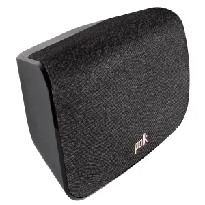 Polk SR2 wireless surround speaker in black, front and side view