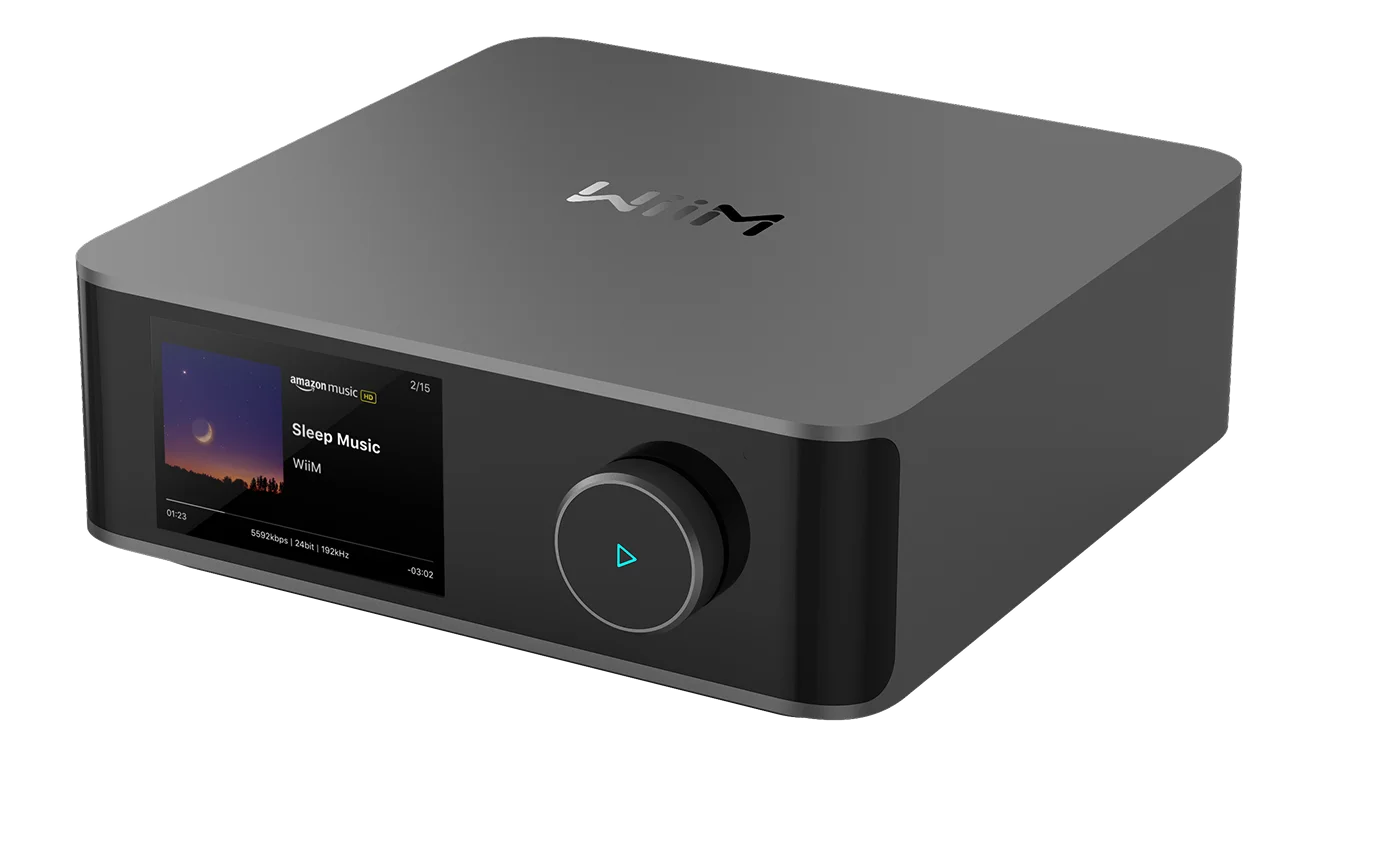 WiiM Amp Ultra streaming amplifier with touchscreen and volume control